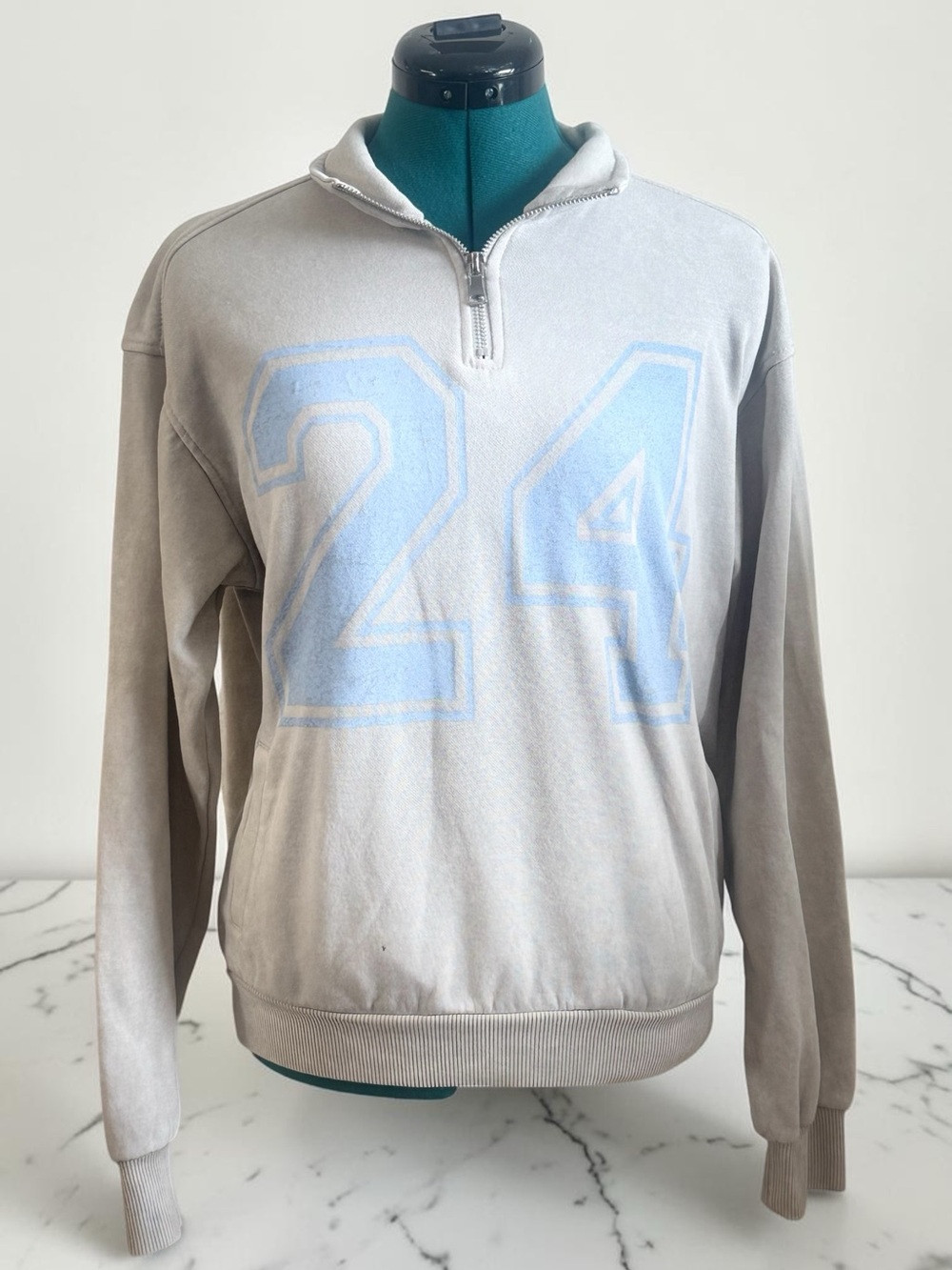 No Boundaries Light Gray Quarter-Zip Sweatshirt with Pale Blue 24 Graphic